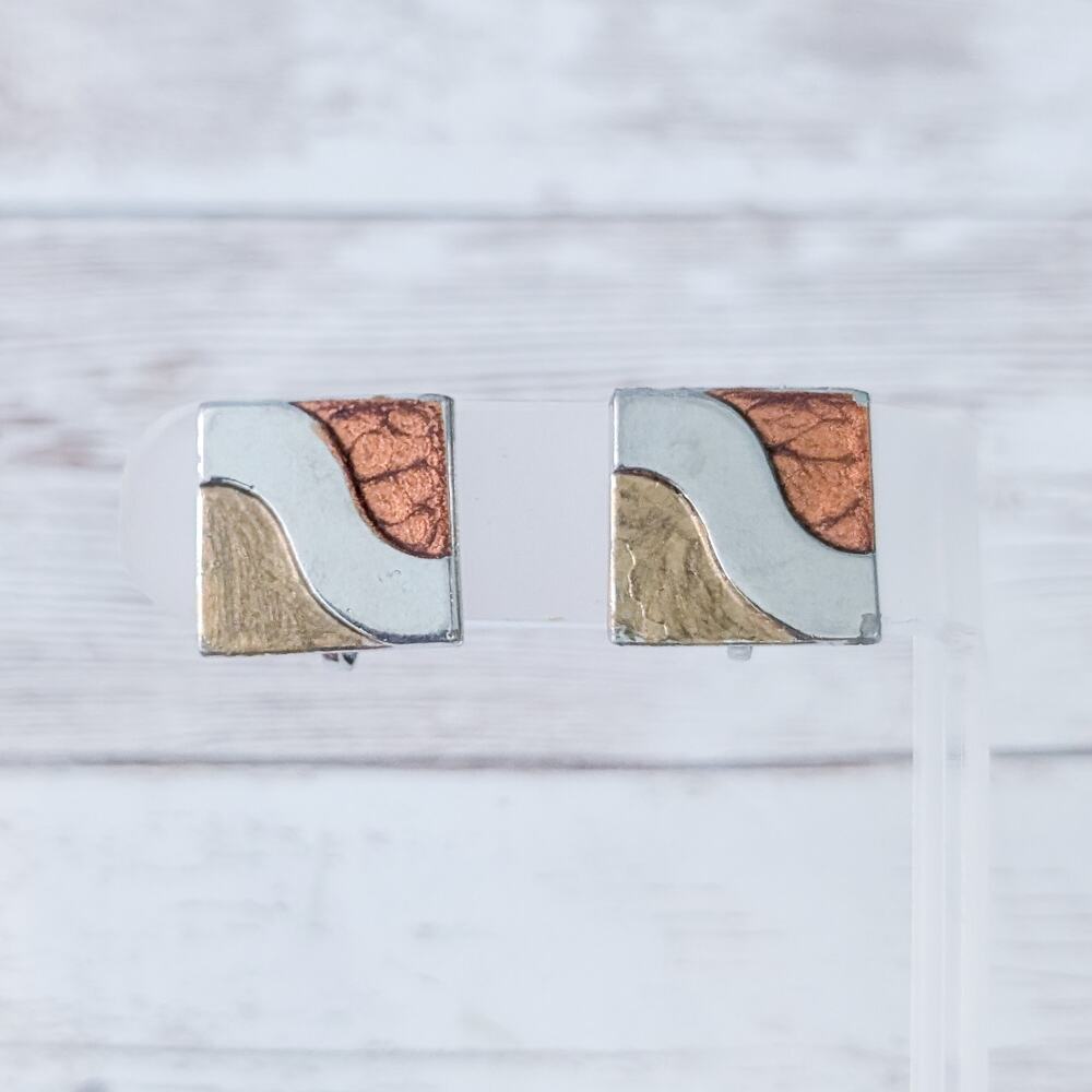 Vintage Clip On Earrings Tri Tone Square - Fair Condition